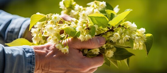Selective focus Macro The male hand holds a bunch of linden flowers Picking up linden for tea Harvest of linden tree. Creative banner. Copyspace image