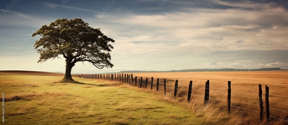 Poster Fence by a lone tree in a farm field. Creative banner. Copyspace image