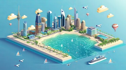 An isometric view of the Kuwaiti sea with buildings, showcasing an abstract pool plot illustration. This design mockup represents the import-export industry in Kuwait.