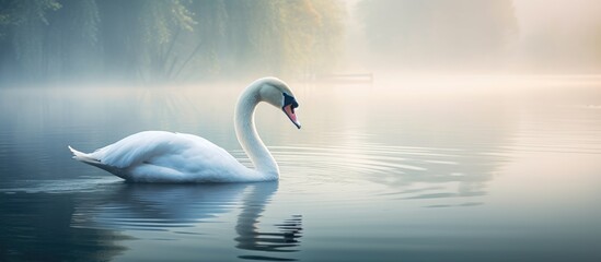 Fototapeta premium White Swan in the middle of the lake. Creative banner. Copyspace image