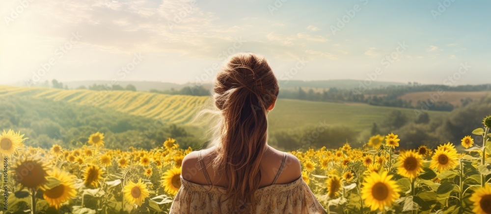 Sticker woman with two pigtails in a field of sunflowers lifestyle countryside. creative banner. copyspace i