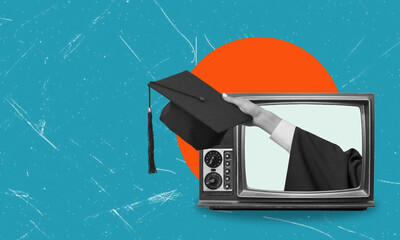Modern art collage. Man throwing his graduation cap, taking exams at university, doing projects.