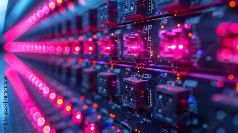 Poster an illuminated circuit board with advanced ai processor and colorful lighting effects