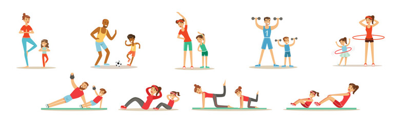 Fototapeta premium Parent and Child Doing Sportive Physical Exercise and Training Together Vector Set