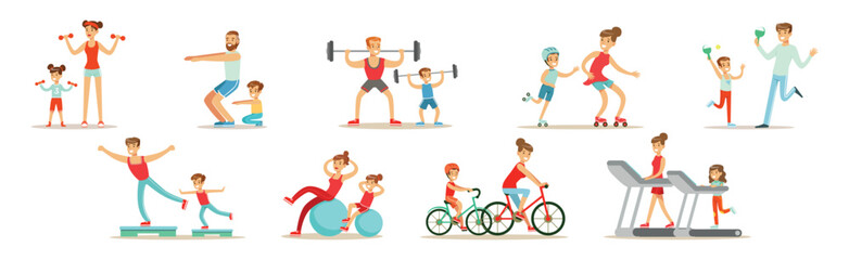 Parent and Child Doing Sportive Physical Exercise and Training Together Vector Set