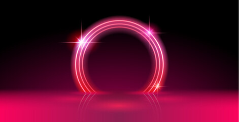 Empty Abstract Red Neon Background with Round Frame in Retro Wave Style. Vector clip art for your cyberpunk style project design.