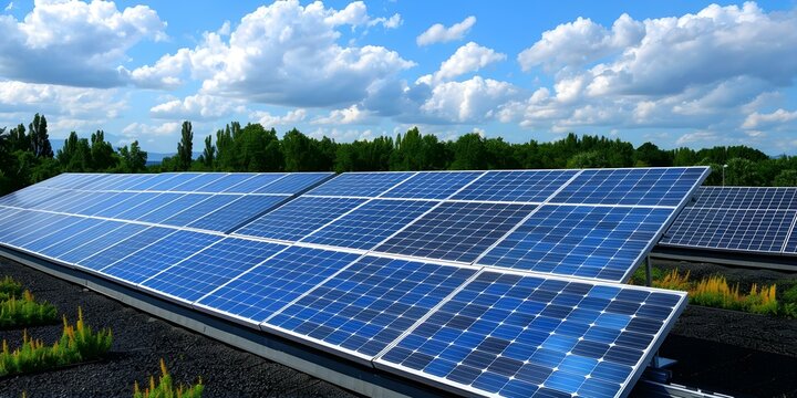 Solar panels on industrial roof generating green energy with blue tone cells. Concept Green Energy, Solar Panels, Industrial Roof, Renewable Technology, Sustainable Practices