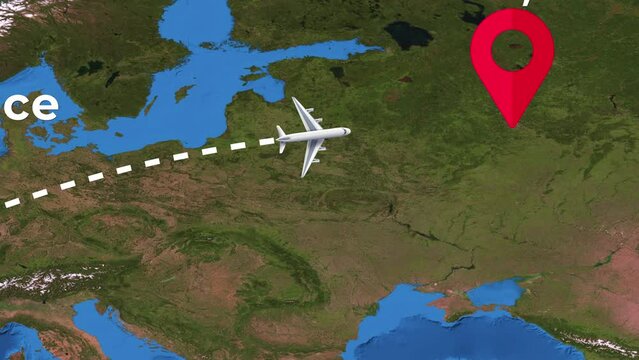 International flight travel route from Paris to Moscow on worlds map in 4K
