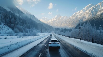 A white car driving on a mountain road landscape during winter, showcasing the natural scenery of green mountains. This winter travel scene is set on a black asphalt road.