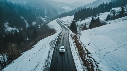 Obraz premium A white car driving on a mountain road landscape during winter, showcasing the natural scenery of green mountains. This winter travel scene is set on a black asphalt road.