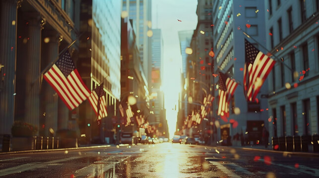 celebration with american flags in a city 
