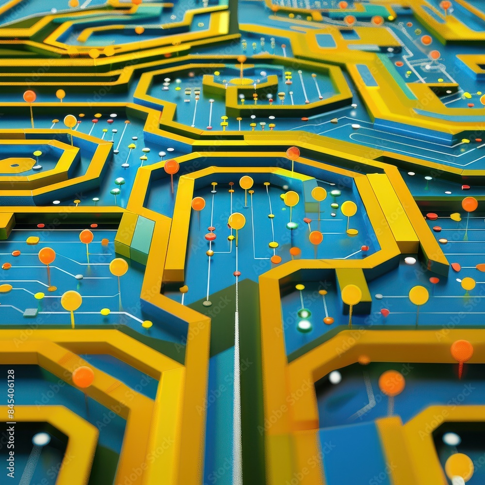Aufkleber Intricate design of a futuristic circuit board featuring yellow geometric patterns on a blue background with various nodes and connections.
