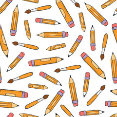 school pencils, brushes, crayons seamless pattern with doodles for wallpaper, scrapbooking, stationary, textile prints, wrapping paper, backgrounds, etc. EPS 10