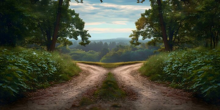 Crossroads in the Countryside Two Paths Diverging, Signifying Decision-Making and Choice. Concept Countryside, Crossroads, Decision-Making, Choices, Paths