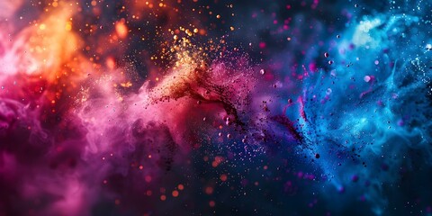 Naklejka premium Neon paint splatter with dots and rays on dark background, creating a vibrant and dynamic scene. Concept Neon Art, Paint Splatter, Dots, Rays, Vibrant Scene