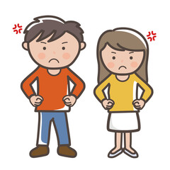 両手を腰に当てて怒る若い男女の全身イラスト