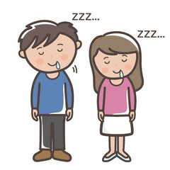 立ったまま居眠りをする若い男女の全身イラスト