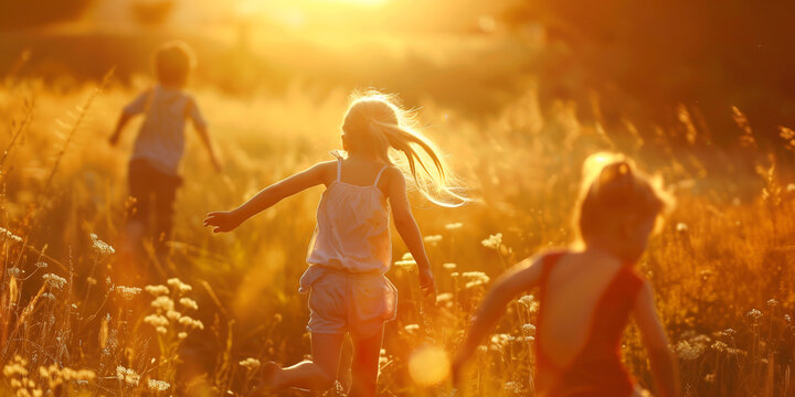 Three little kids running in the meadow at sunset. Happy childhood