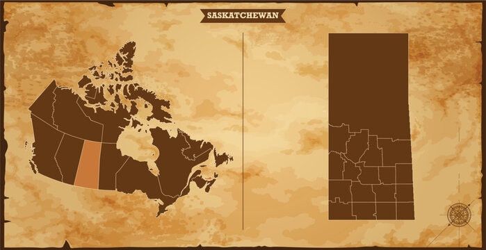 Saskatchewan state map, Canada map with federal states in A vintage map based background, Political Canada Map