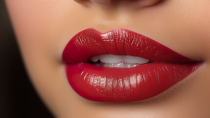 Fototapeta premium Red lipstick application on lips in close-up, isolated against a background