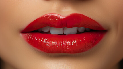 Fototapeta premium Red lipstick application on lips in close-up, isolated against a background