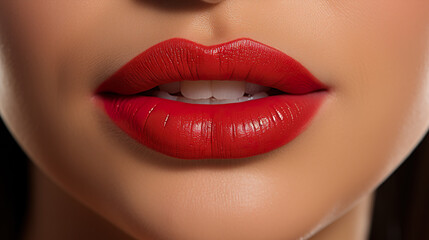 Obraz premium Red lipstick application on lips in close-up, isolated against a background