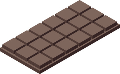 Dark chocolate bar with square cubes lies on a white background in an isometric view