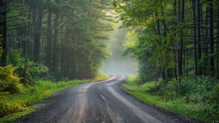 Fototapeta premium The gentle rays of early morning light peek through the trees creating a dreamy and defocused backdrop for the tranquil forest road. .