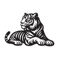 a small tiger sits on a white background, in the style of graphic black outlines