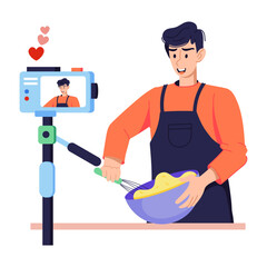 Scalable flat illustration of recording food vlog 