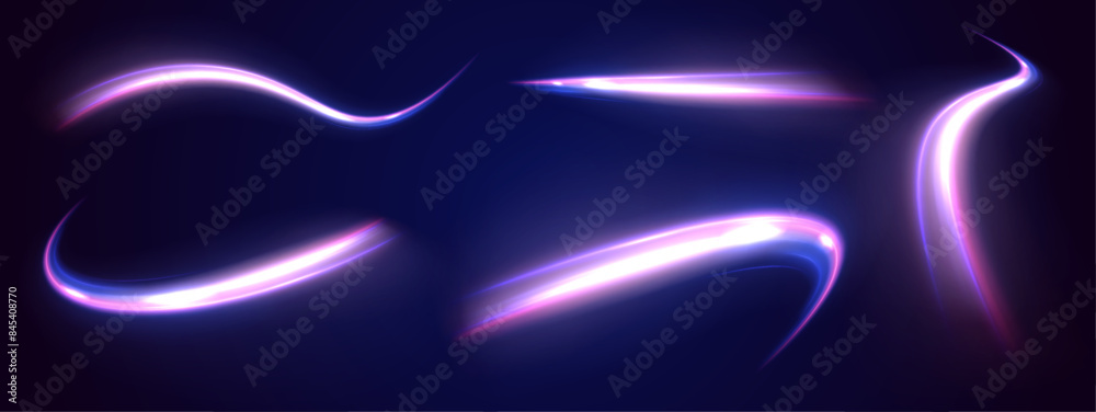 Poster big set neon line as speed or arc, turn, twist, bend in light effect. acceleration speed motion on n