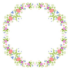 Round frame of wild flowers. Bright delicate wildflowers with greenery and hearts in a wreath. Cute delicate bright frame