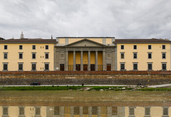 View from the Arno River of the Palazzo della Borsa (Stock Exchange Palace) overlooking the Lungarno Diaz, in Neoclassical style, seat of the Chamber of Commerce, Florence, Tuscany, Italy