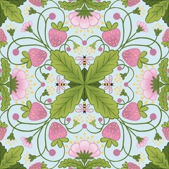 Strawberry floral ethnic seamless pattern. Folk style. Background based on traditional embroidery. Retro kitchen wallpaper.