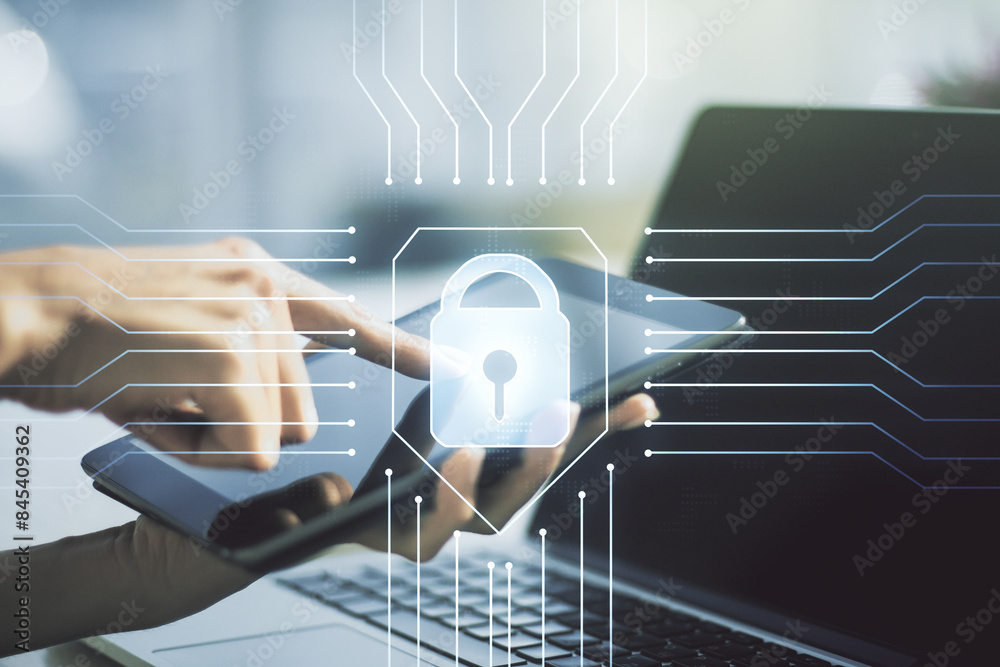 Poster creative lock sketch with chip hologram and hand working with a digital tablet on background, protec