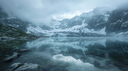 Fototapeta premium Glacial Reflections Capture mirrorlike reflections of glaciers tranquil alpine lakes enhancing the surreal beauty of frozen landscapes