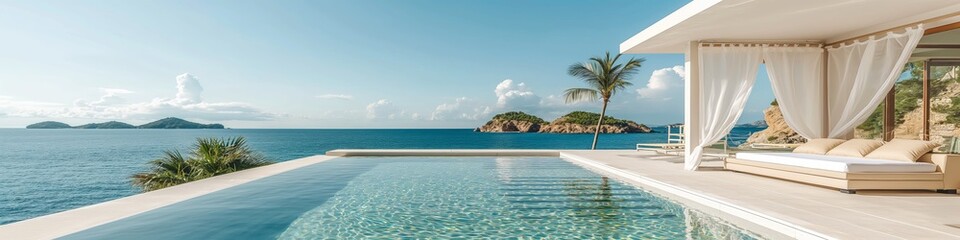 Fototapeta premium Luxurious beachfront villa with infinity pool overlooking serene ocean views and tropical scenery, perfect for relaxation and vacation getaways.