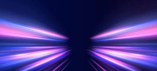 Horizontal night road in the form of a panorama with neon lights. Car motion trails. Speed line motion vector background.	