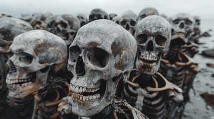 A close-up image of multiple human skulls stacked, with a shallow depth of field emphasizing the front skull