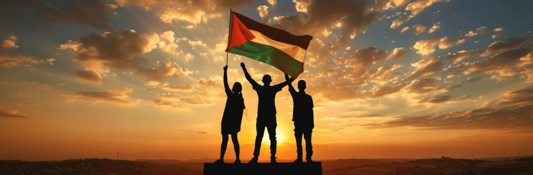 Dramatic silhouette of people raising a Palestinian flag against a vivid sunset sky, symbolizing unity and freedom