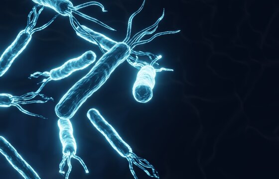 Glowing helicobacter pylori bacteria cells on dark blue background. Gastritis disease. 3d-rendering