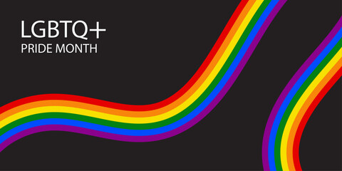 Vector banner with LGBTQ flag for Social media posts, stories, and websites. LGBT rainbow symbol poster template. Sticker for the celebration of pride month. Pride Day. Vector illustration.