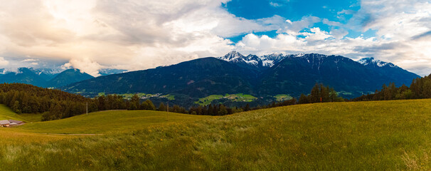 High resolution stitched alpine summer panorama with dramatic clouds near Seefeld, Innsbruck, Tyrol, Austria