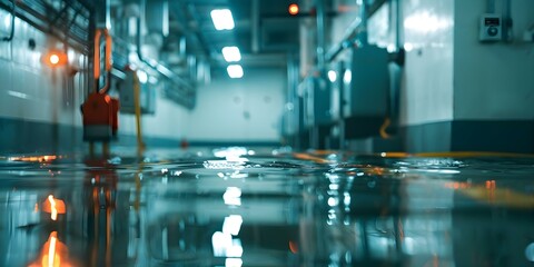 Clean flooded electrical room or basement mop water focus on electrical safety. Concept Electrical Safety, Flood Recovery, Cleaning Procedures, Water Damage Mitigation, Hazard Prevention