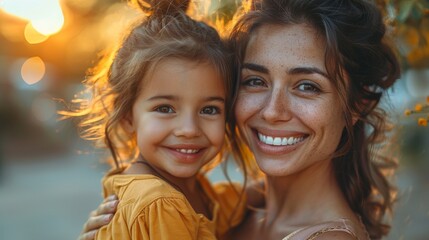 Fototapeta premium A happy young woman with a smiling child in her arms, both looking at the camera surrounded by golden light