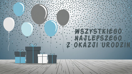 karta lub baner z życzeniami wszystkiego najlepszego w kolorze szarym reprezentowanym przez prezenty oraz białe, szare i niebieskie balony na gradientowym szarym tle z ciemnoszarymi kółkami