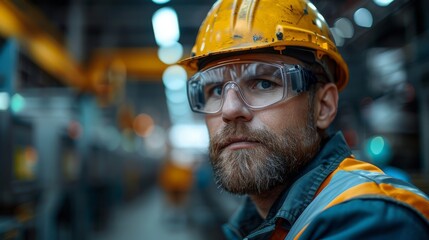 Image portrays an industrial worker with safety gear in a manufacturing environment with face obscured