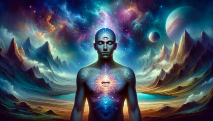 Fototapeta premium Mystical Third Eye Awakening in Celestial Landscape, Visionary Dreamer with Third Eye Open, Exploring Otherworldly Realms, AI Generated.