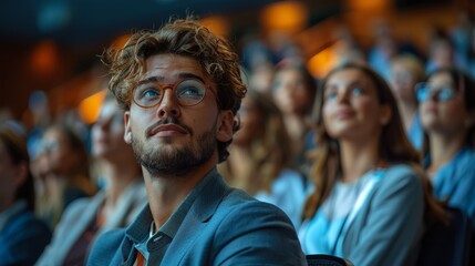 Close up of a young man with curly hair and glasses among an audience, looking attentive and engaged at an event or conference