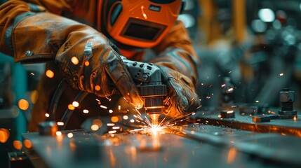 A worker in protective gear is welding metal with sparks flying, highlighting the craftsmanship and skill involved